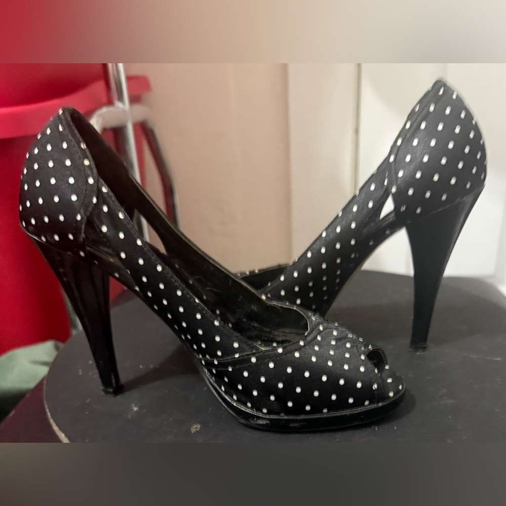 Vintage Black Frederick's of Hollywood Black and White Polka Dot Heels